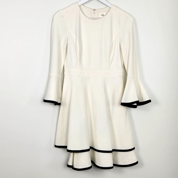 Eliza J White 3/4 Bell Sleeve Black Trim Tiered Fit & Flare Dress Women’s Size 4 - Picture 2 of 7